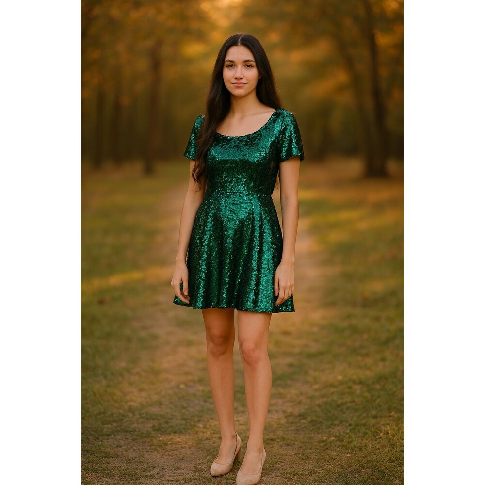 Francesca's Emerald Green Sequin Flutter Sleeve Mini Dress XS (juniors)